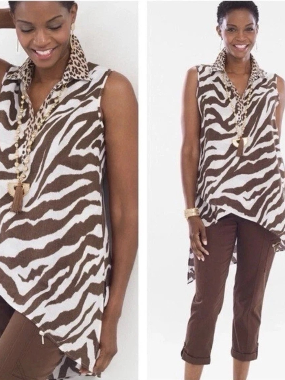 Chico's Sleeveless Zebra-Print Asymmetrical No Iron Linen Tunic